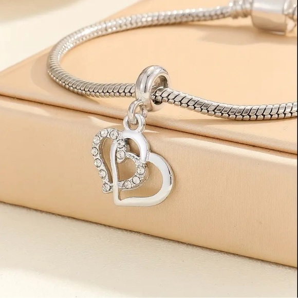New Silver Double Heart CZ Stones Bracelet Charm - Picture 2 of 2